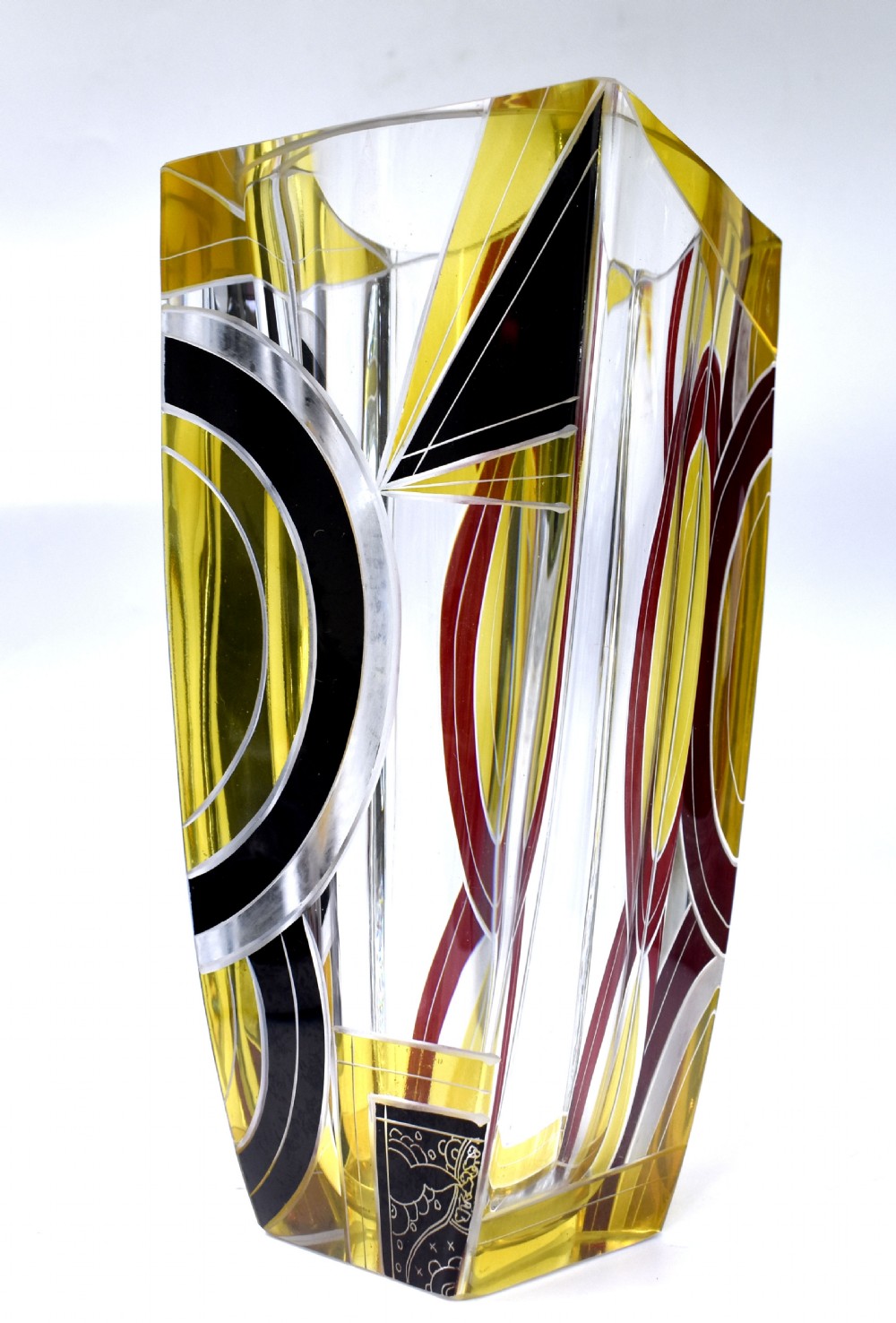 Art Deco Large Glass & Enamel Etched Vase, Czech Republic, c1930 View IX