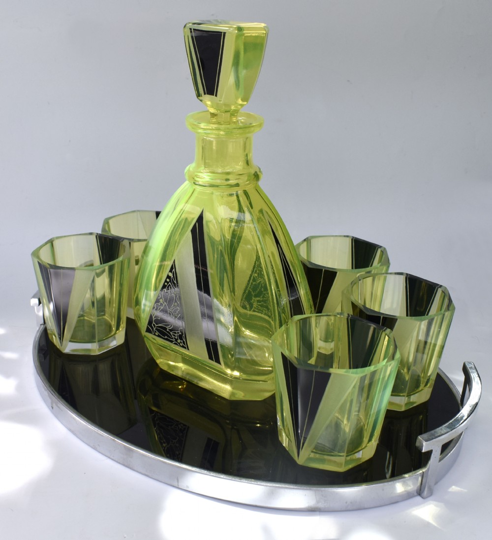 Art Deco Uranium Glass Decanter Set, c1930 View V