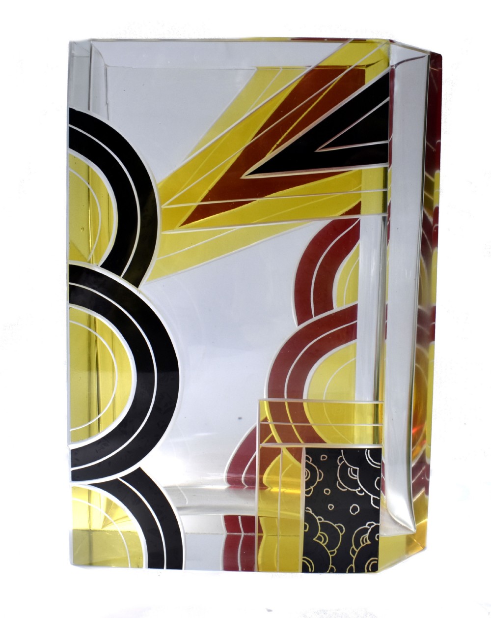 A rectangular clear glass Art Deco vase decorated with etched patterns and enamelled geometric shapes in black, yellow, and red. View VII