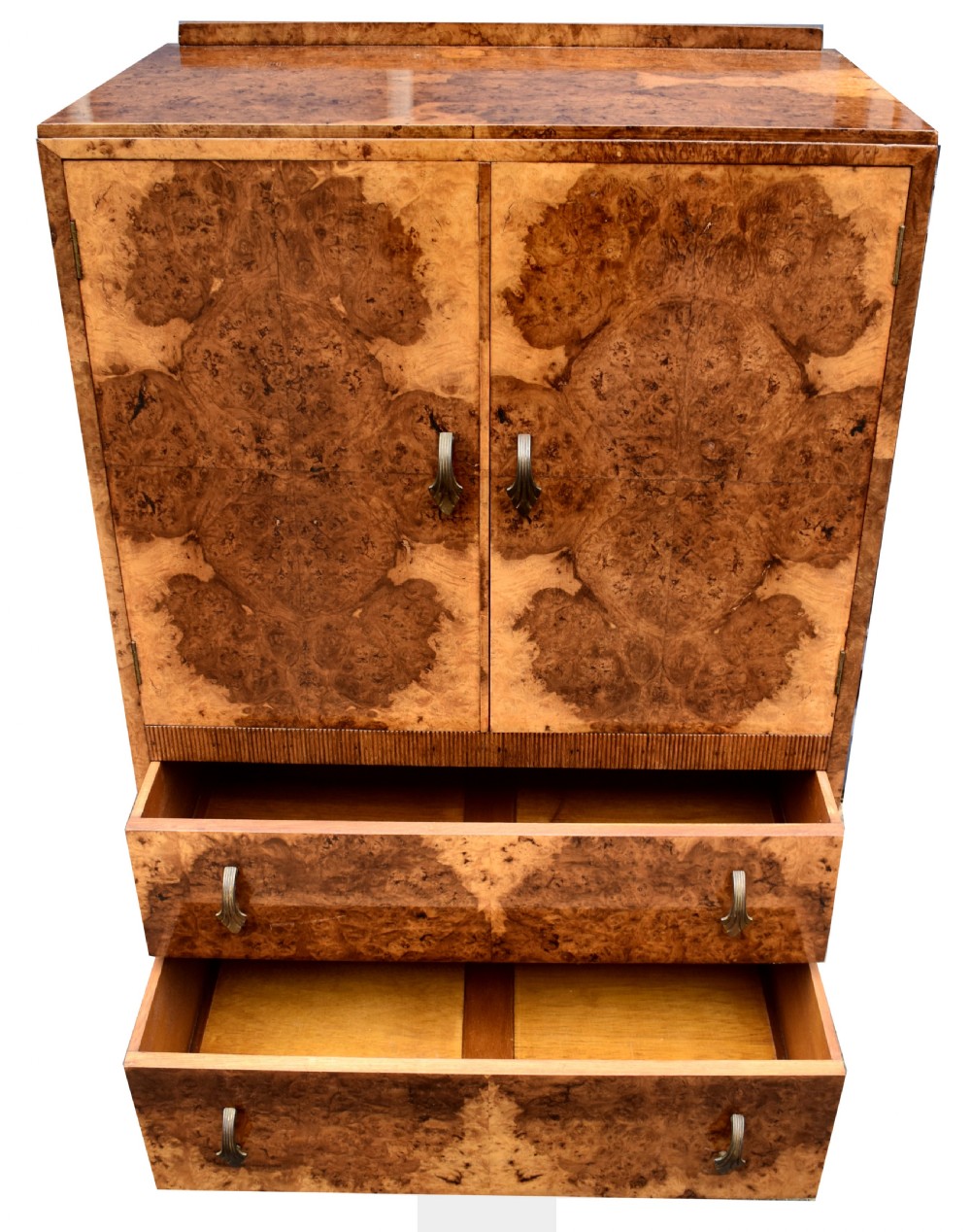 Art Deco Blonde Figured Walnut Tallboy , Circa 1930 View III