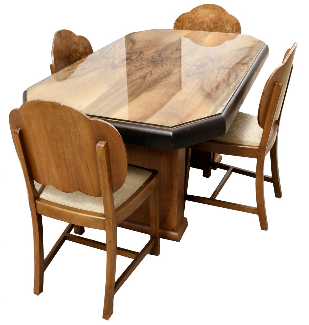 Art Deco Walnut Dining Table & Chairs, c1930