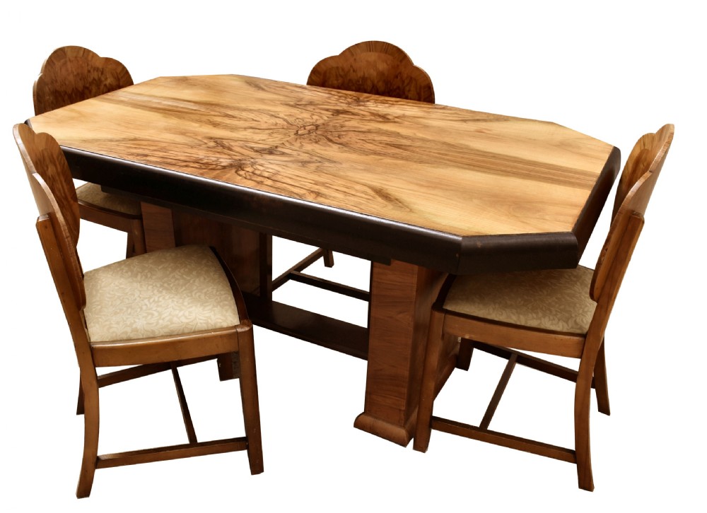 Art Deco Walnut Dining Table & Chairs, c1930 View V