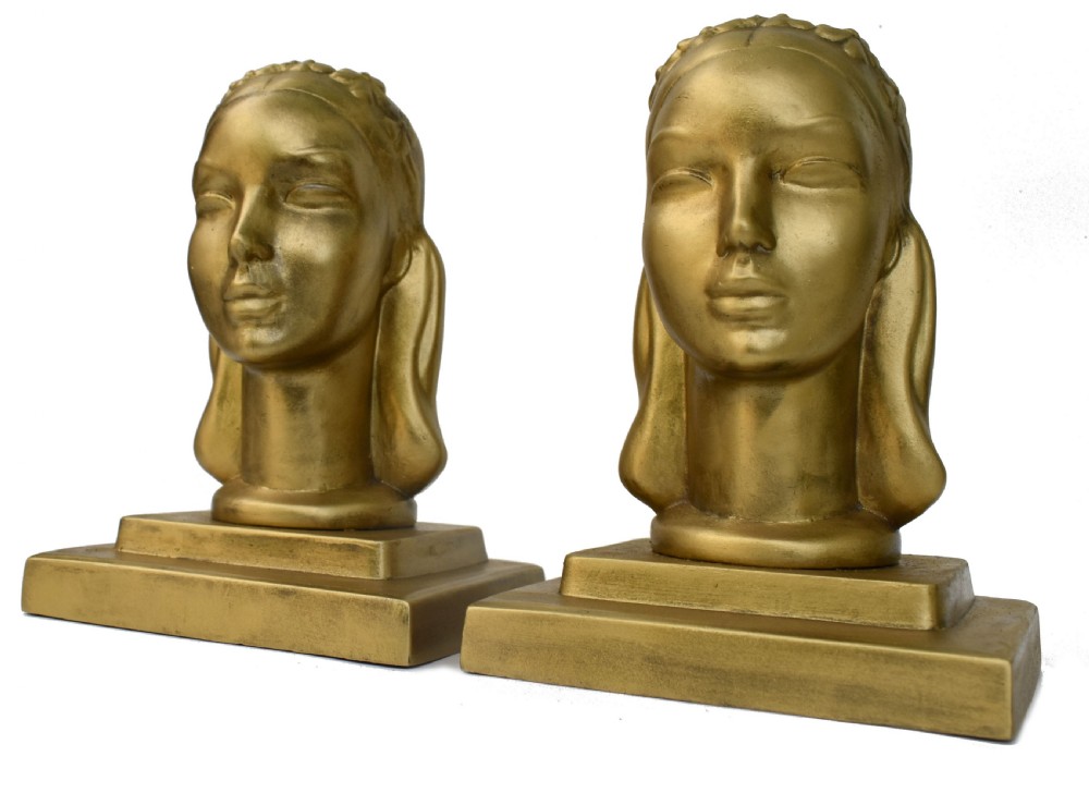 Art Deco Female Bust Bookends By Frankart Inc, c1930 View II