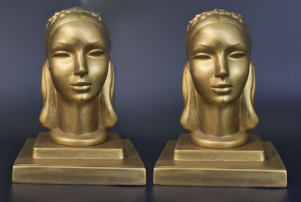 Art Deco Female Bust Bookends By Frankart Inc, c1930 View X