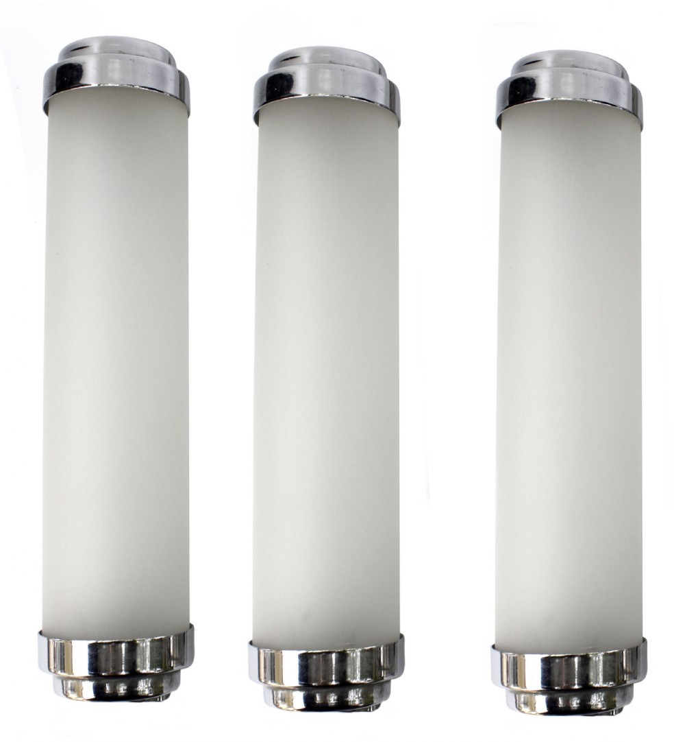 Art Deco 1930's Matching 3 Glass & Chrome Strip Lights, c1930 View II