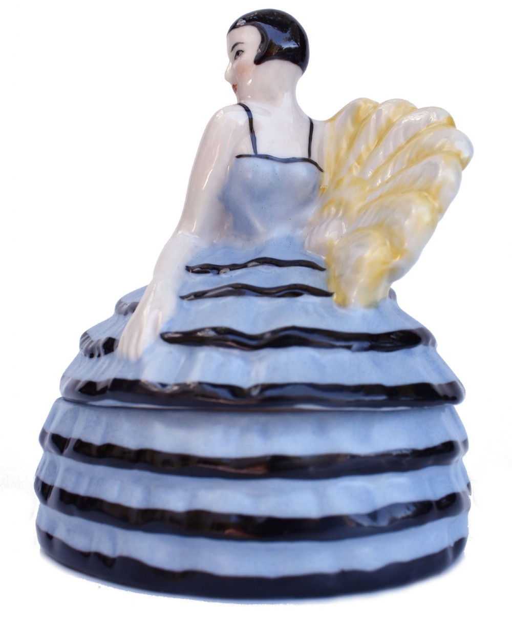 An Art Deco glazed ceramic powder box depicting a female half doll with bobbed black hair and a tiered blue ruffled dress. View II