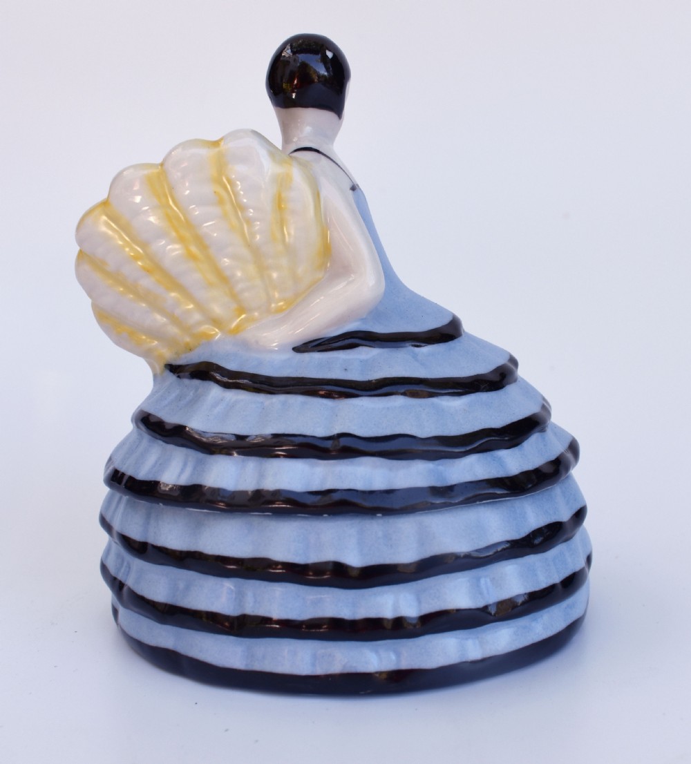 An Art Deco glazed ceramic powder box depicting a female half doll with bobbed black hair and a tiered blue ruffled dress. View III