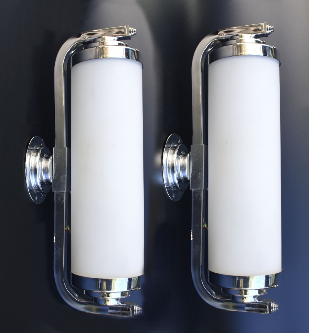 Art Deco Modernist Pair of Chrome & Glass Wall Lights, c1930 View V