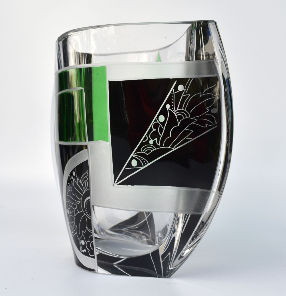 Art Deco Glass & Enamel Etched Vase By Karl Palda, Czech Republic, C1930 View III