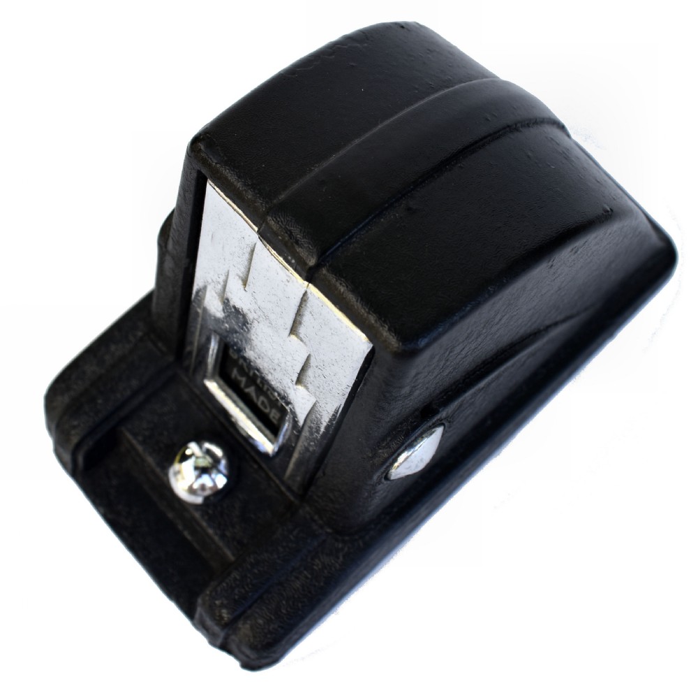 A black textured Bakelite and chrome Art Deco perpetual desk calendar featuring a geometric stepped frame with the text BRITISH MADE displayed. View VIII