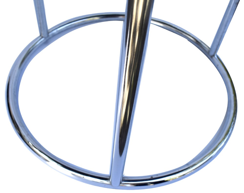 A circular Art Deco occasional table featuring a reflective chrome tubular metal frame and a black and clear glass top. View III