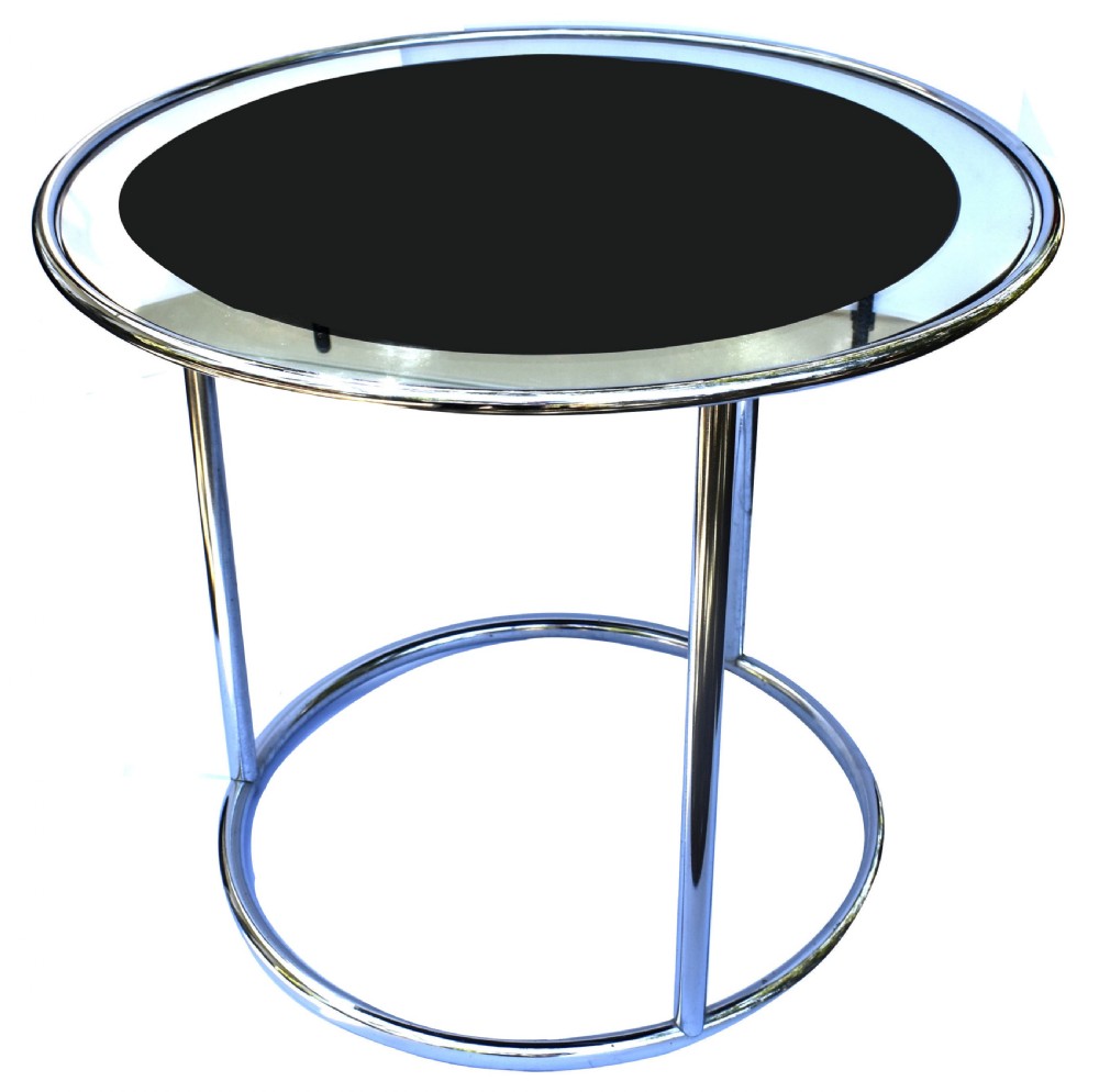A circular Art Deco occasional table featuring a reflective chrome tubular metal frame and a black and clear glass top. View VI