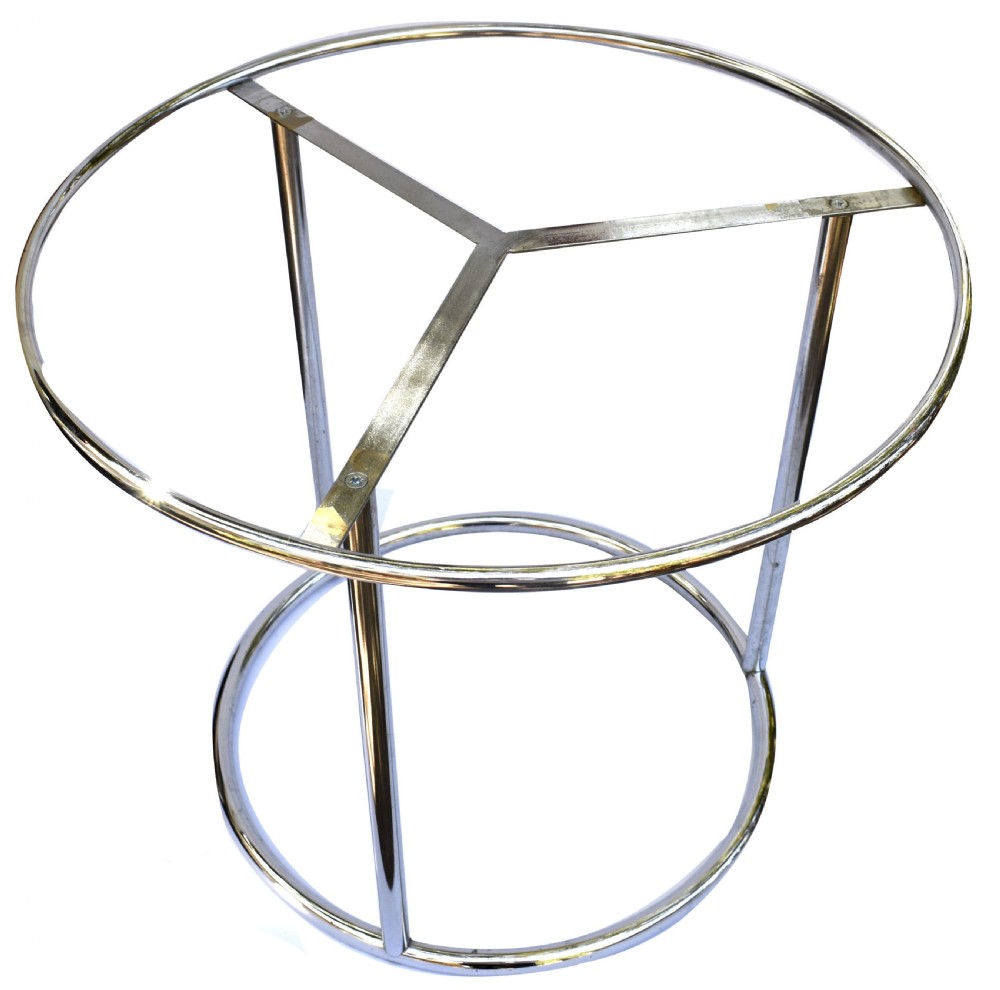 A circular Art Deco occasional table featuring a reflective chrome tubular metal frame and a black and clear glass top. View VII