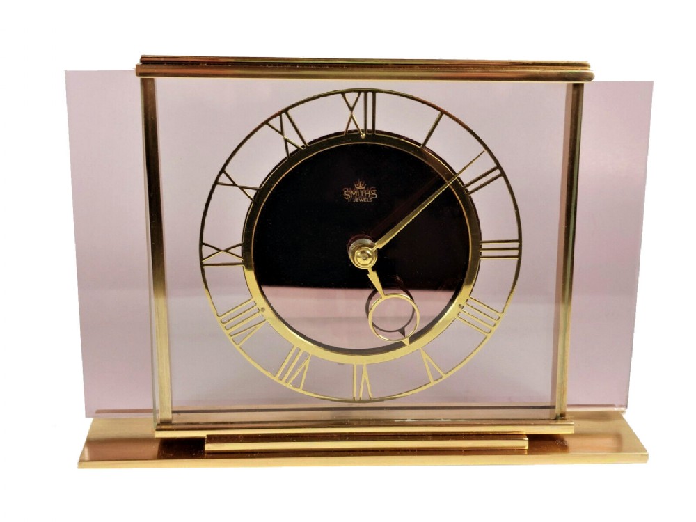 Art Deco Smiths 8 day Pink Glass & Brass Mantel Clock, c1930