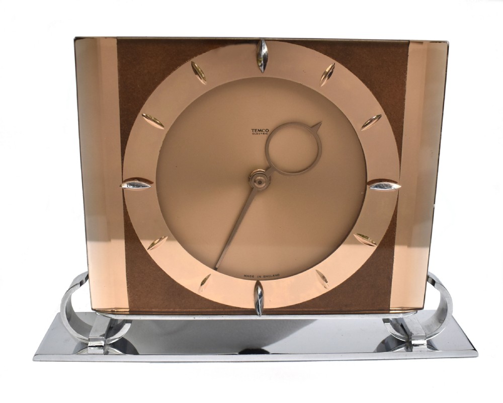 Art Deco Large Copper Glass Electric Mantle Clock By Temco, c1930