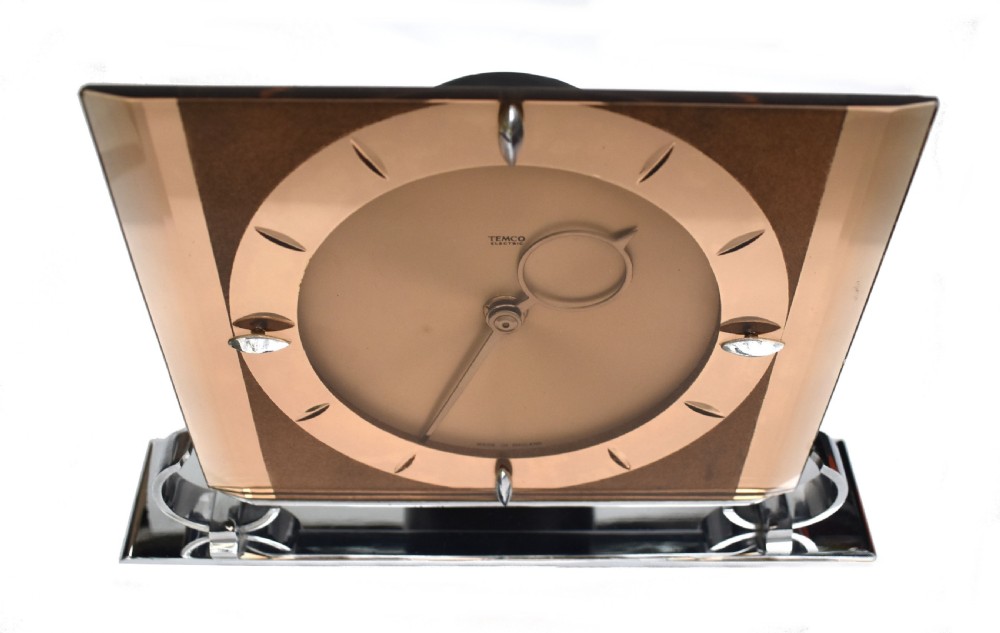 Art Deco Large Copper Glass Electric Mantle Clock By Temco, c1930 View II