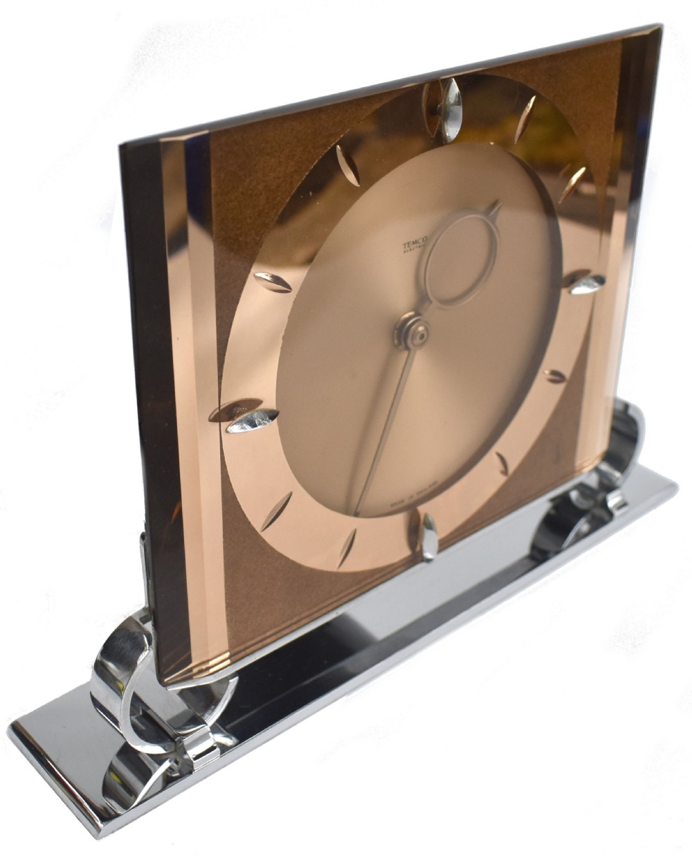 Art Deco Large Copper Glass Electric Mantle Clock By Temco, c1930 View III