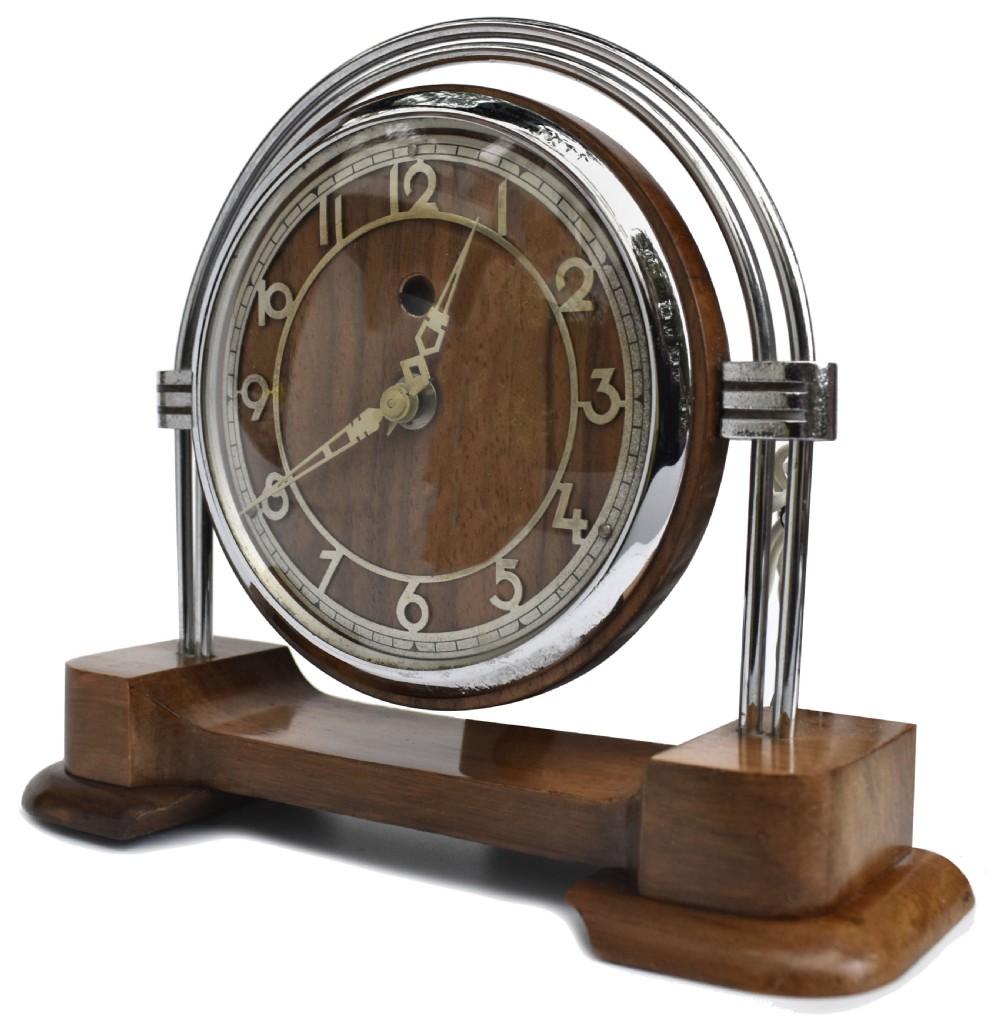 Art Deco Chrome & Walnut Electric Mantle Clock, c1930 View V