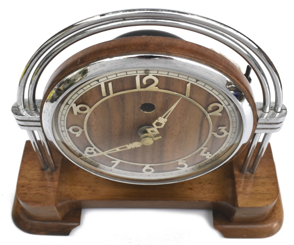 Art Deco Chrome & Walnut Electric Mantle Clock, c1930 View VI