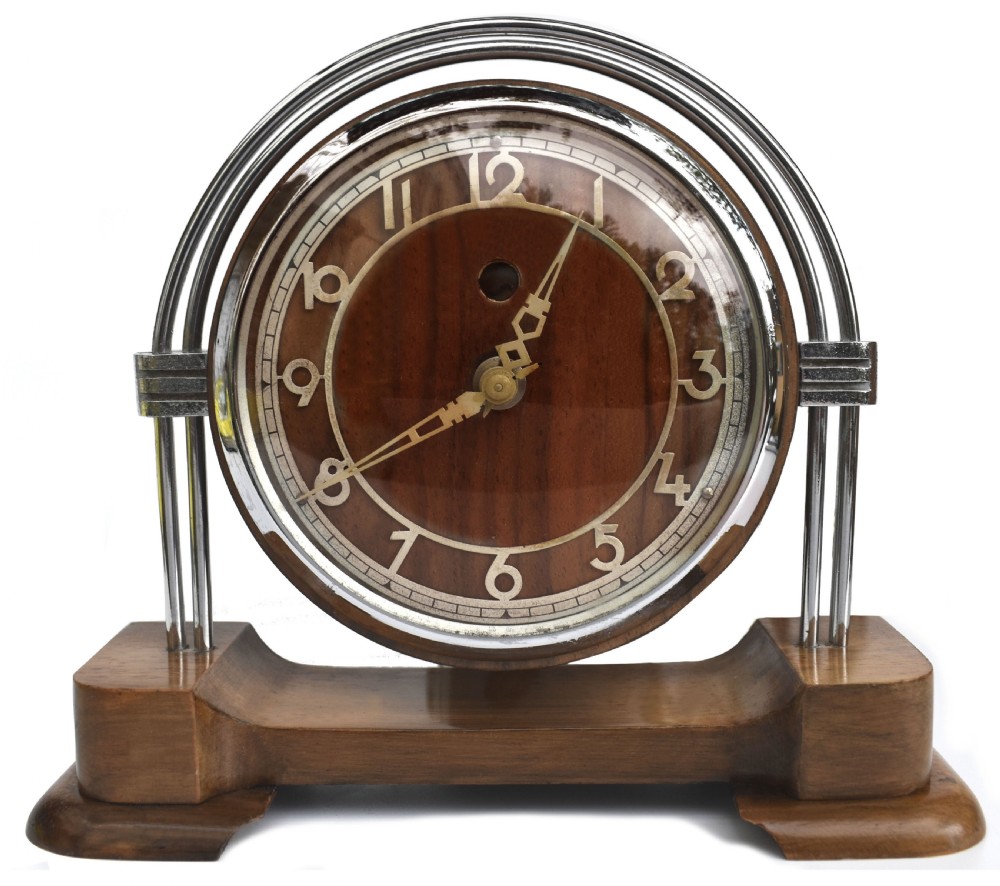 Art Deco Chrome & Walnut Electric Mantle Clock, c1930 View VII