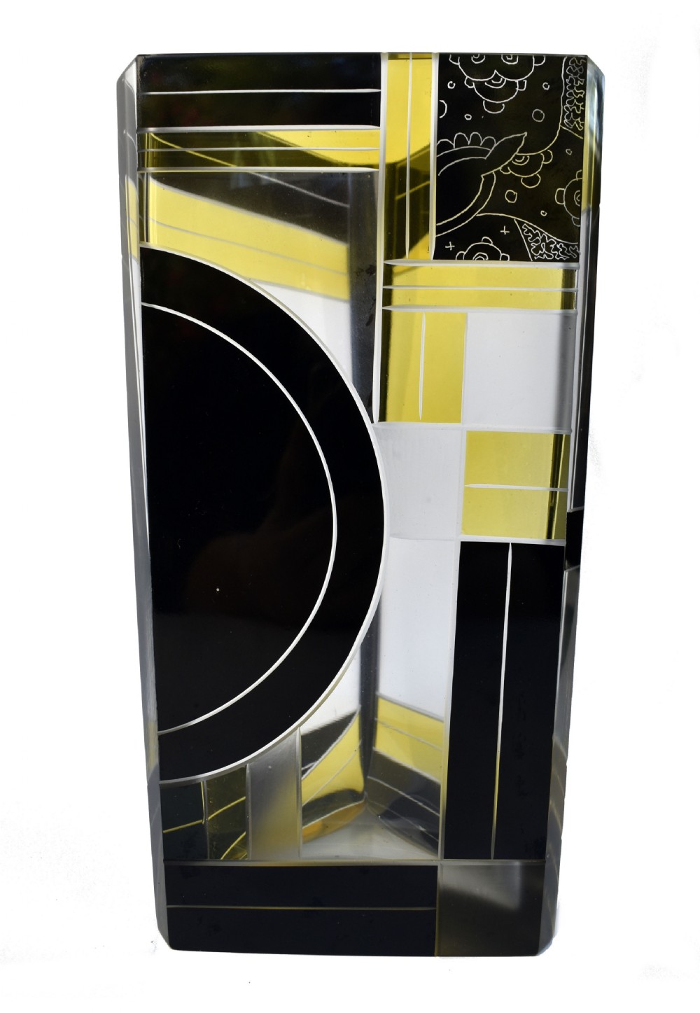 Art Deco Tall Glass & Enamel Etched Vase By Karl Palda, Czech Republic, C1930