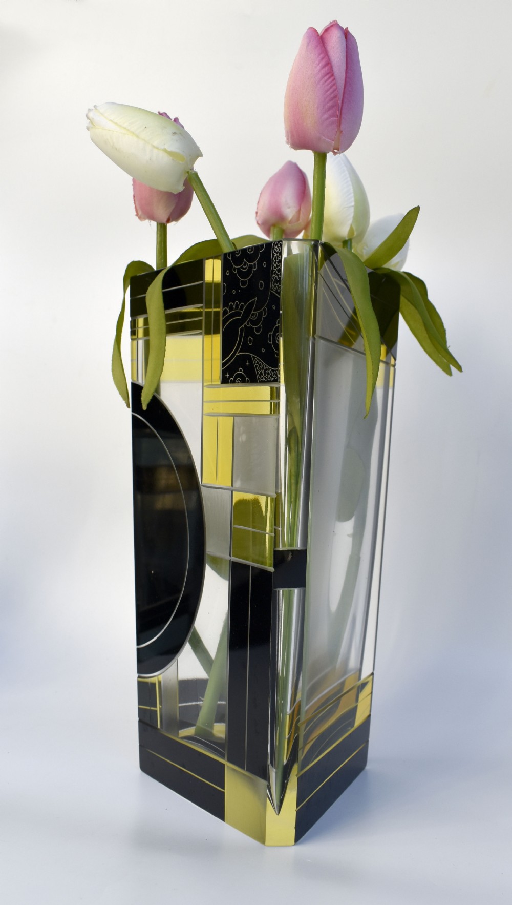 Art Deco Tall Glass & Enamel Etched Vase By Karl Palda, Czech Republic, C1930 View II