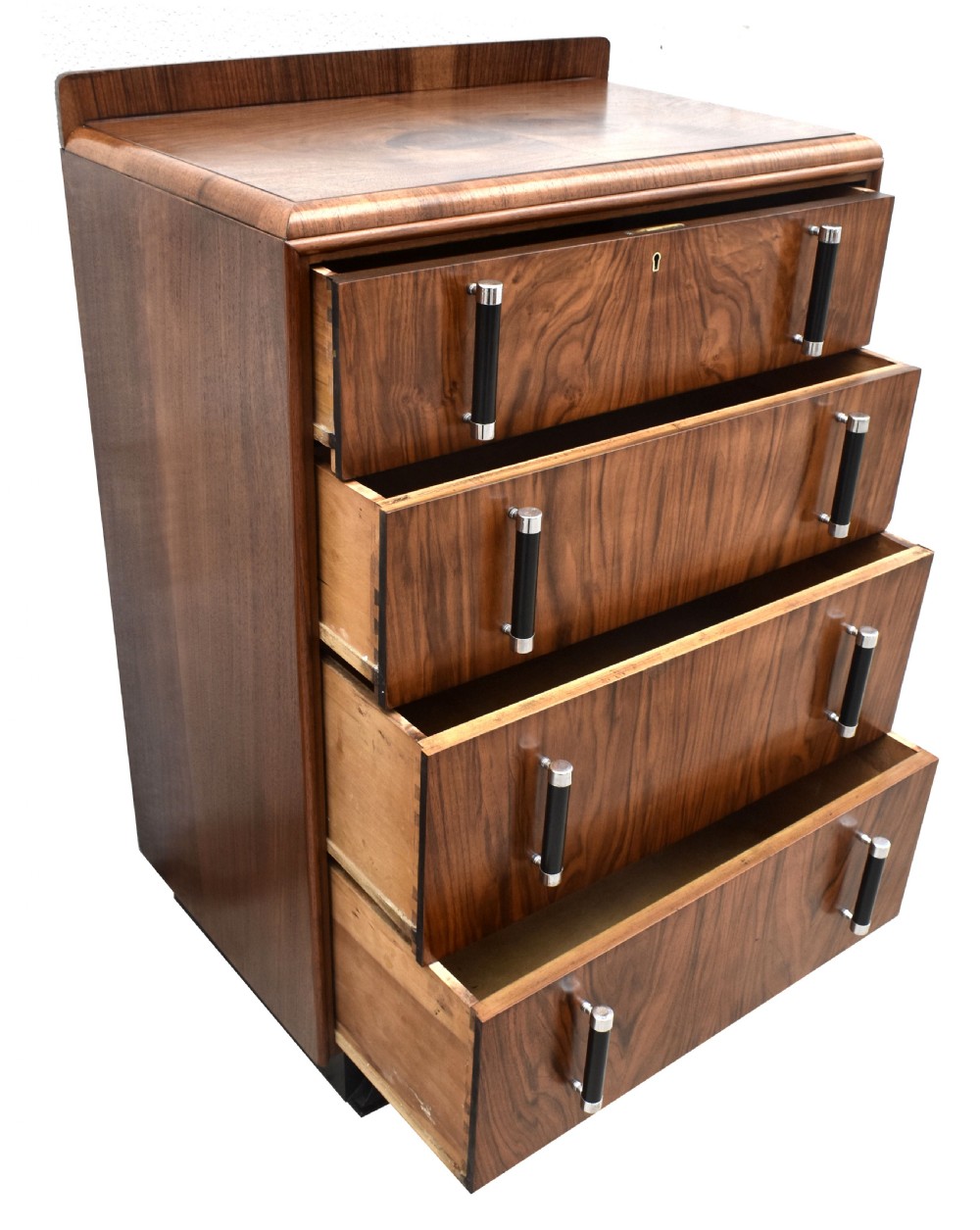 Art Deco Walnut Figured Chest Of Four Drawers, English, c1930 View V
