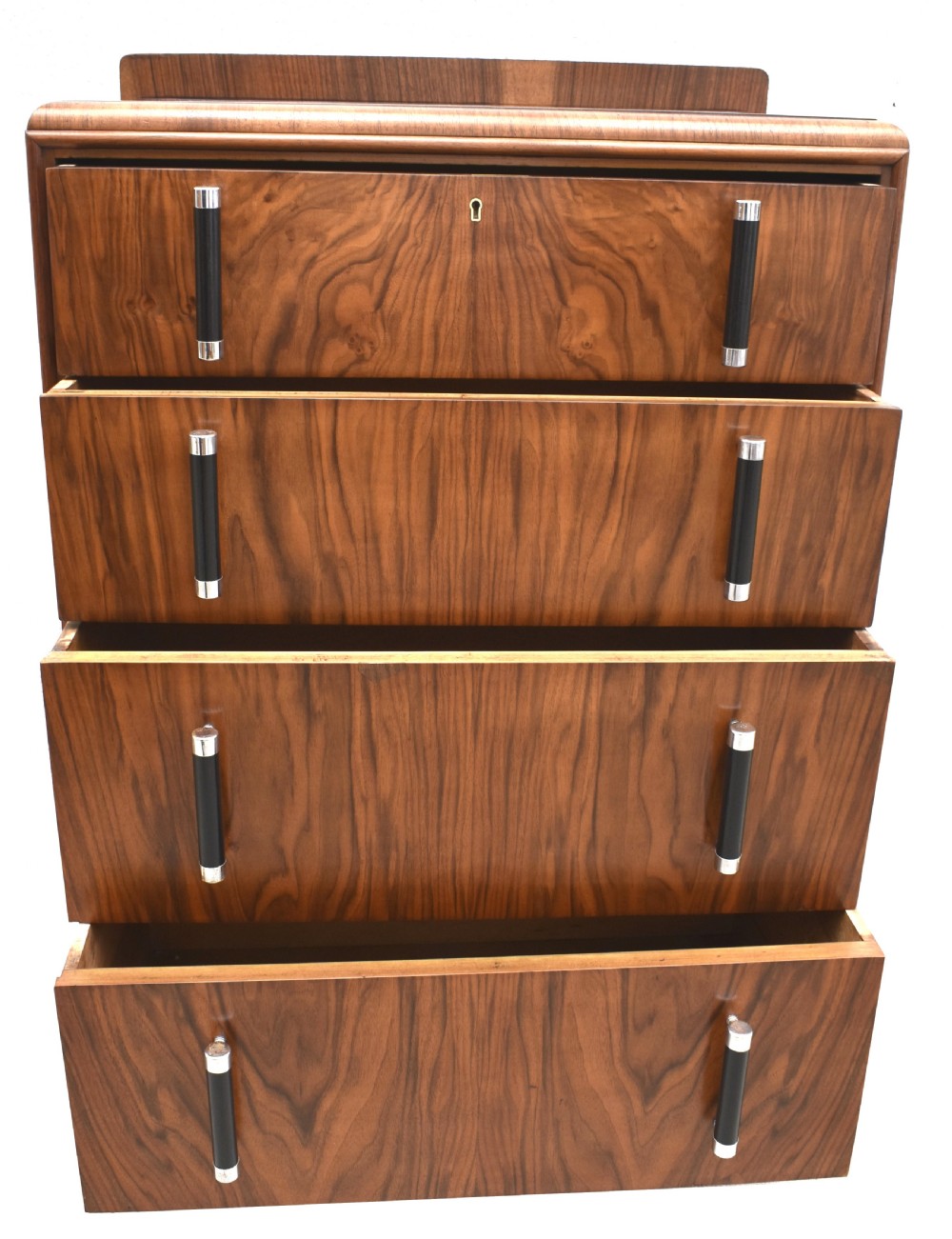 Art Deco Walnut Figured Chest Of Four Drawers, English, c1930 View VI