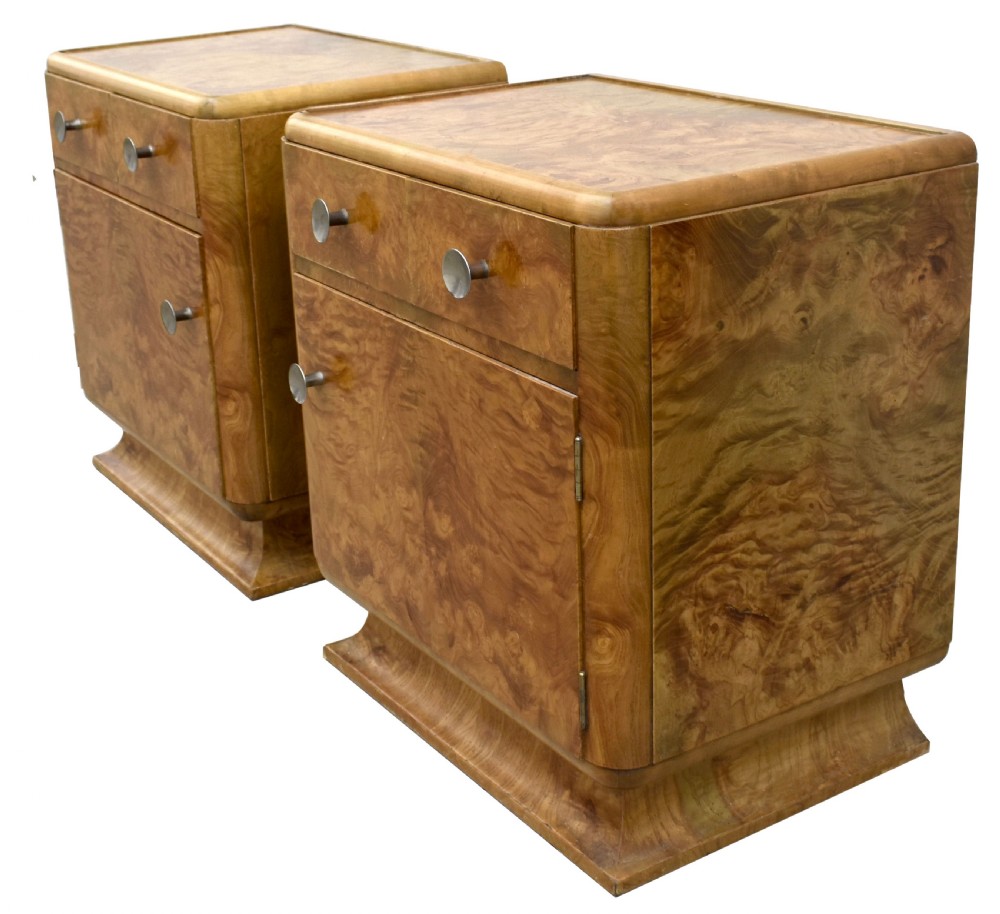 Art Deco Pair of Matching Bedside Table Cabinets in Blonde Burr Elm, c1930 View II
