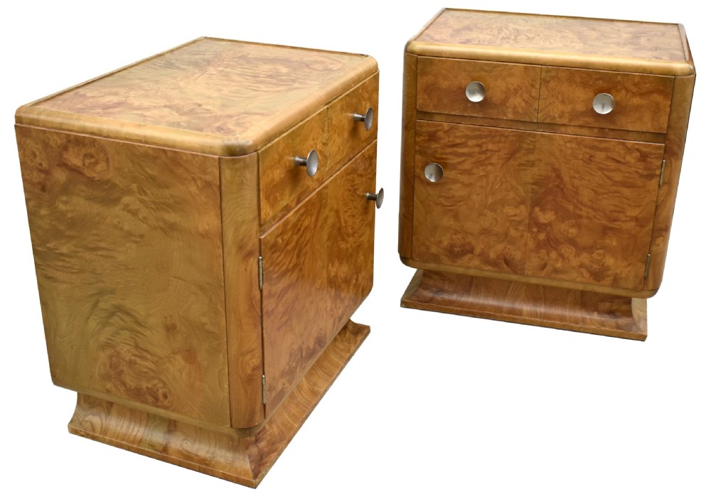 Art Deco Pair of Matching Bedside Table Cabinets in Blonde Burr Elm, c1930 View III