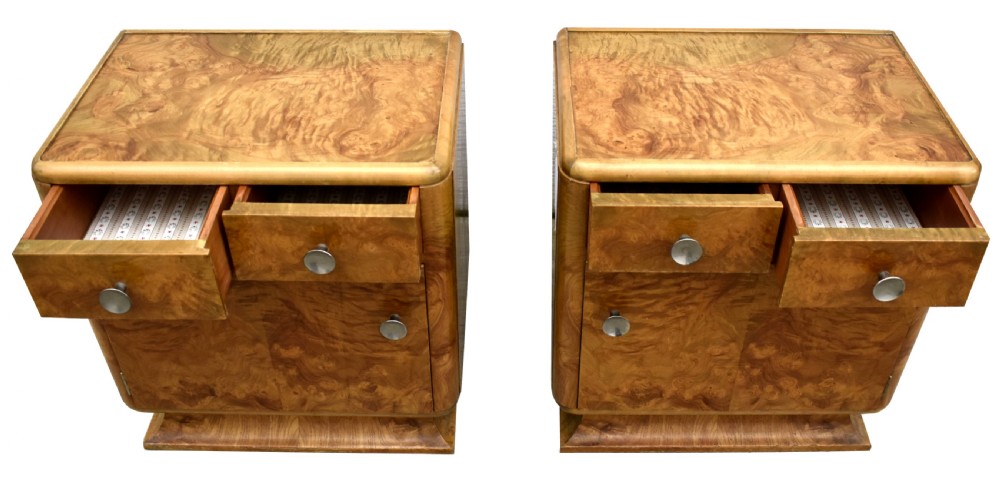 Art Deco Pair of Matching Bedside Table Cabinets in Blonde Burr Elm, c1930 View IV