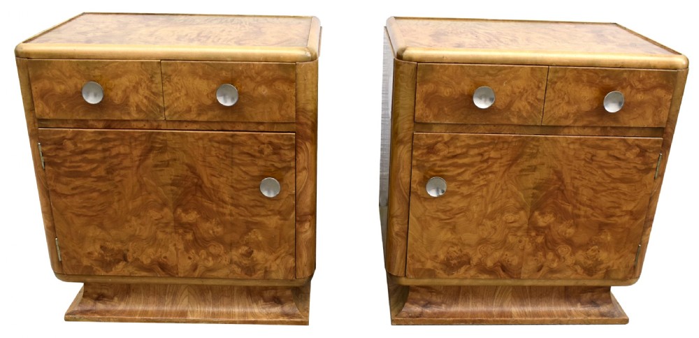 Art Deco Pair of Matching Bedside Table Cabinets in Blonde Burr Elm, c1930 View V