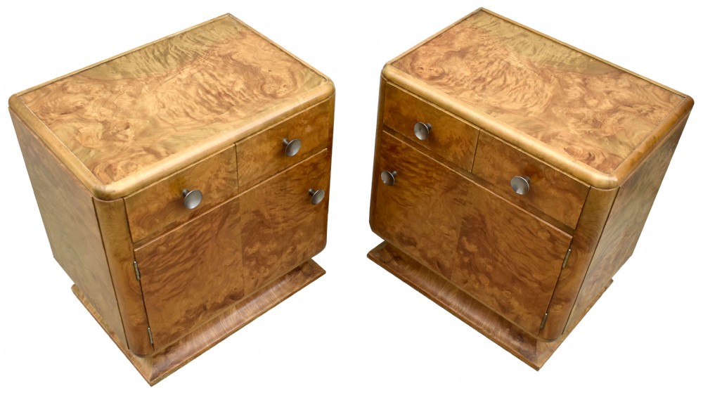 Art Deco Pair of Matching Bedside Table Cabinets in Blonde Burr Elm, c1930 View VI