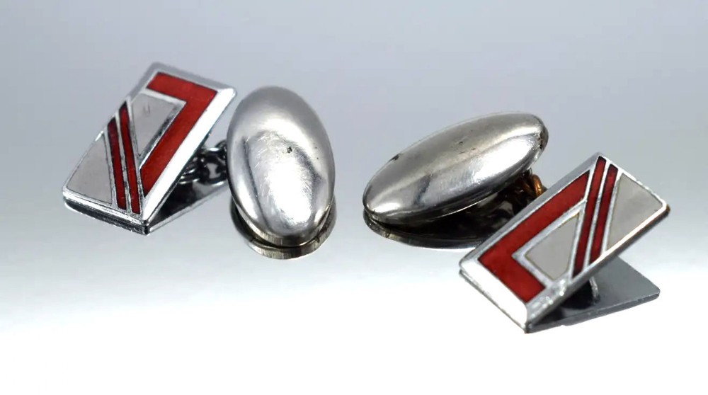 Art Deco Men's Geometric Chrome & Red Enamel Cufflinks, c1930s