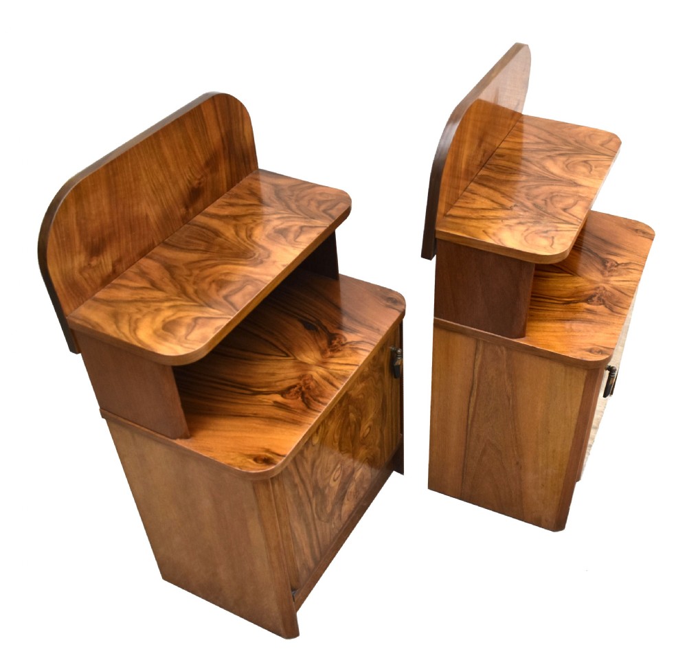 Art Deco Pair of Matching Bedside Table Cabinets in Walnut, c1930 View II
