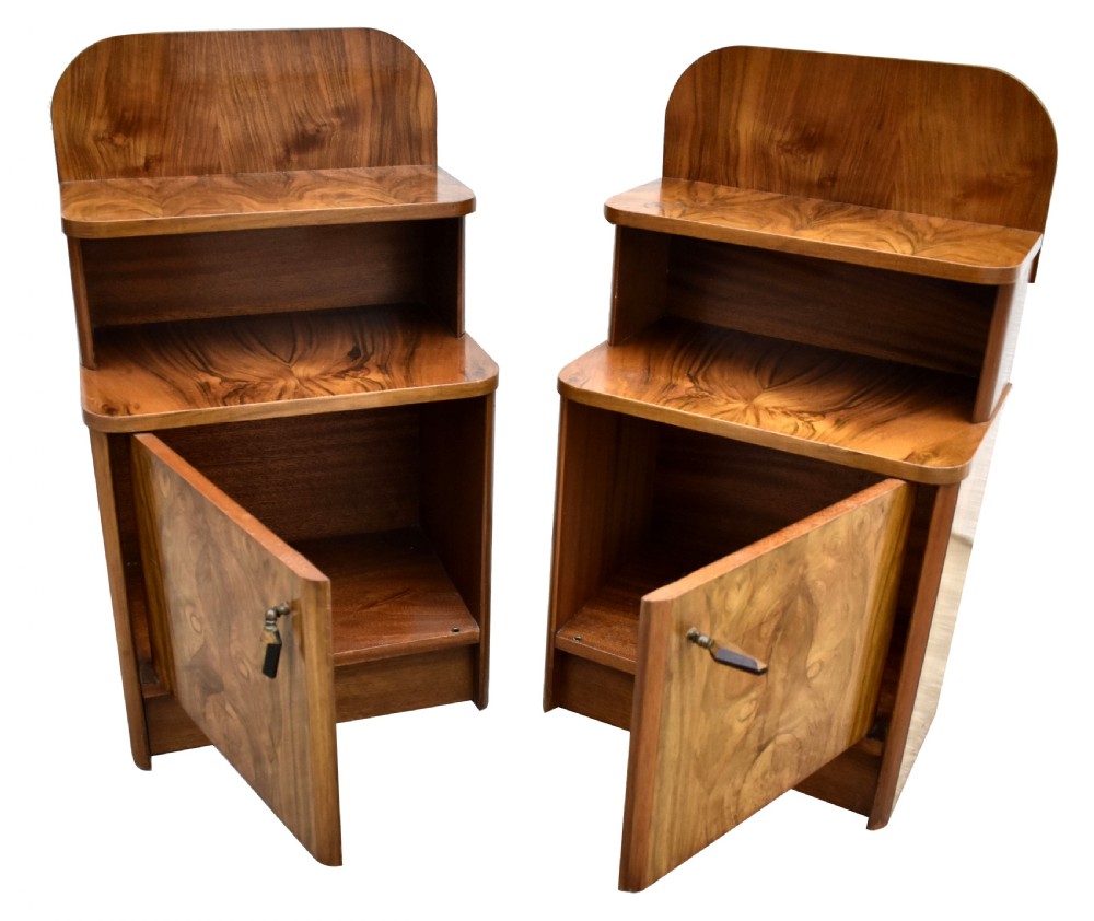 Art Deco Pair of Matching Bedside Table Cabinets in Walnut, c1930 View III
