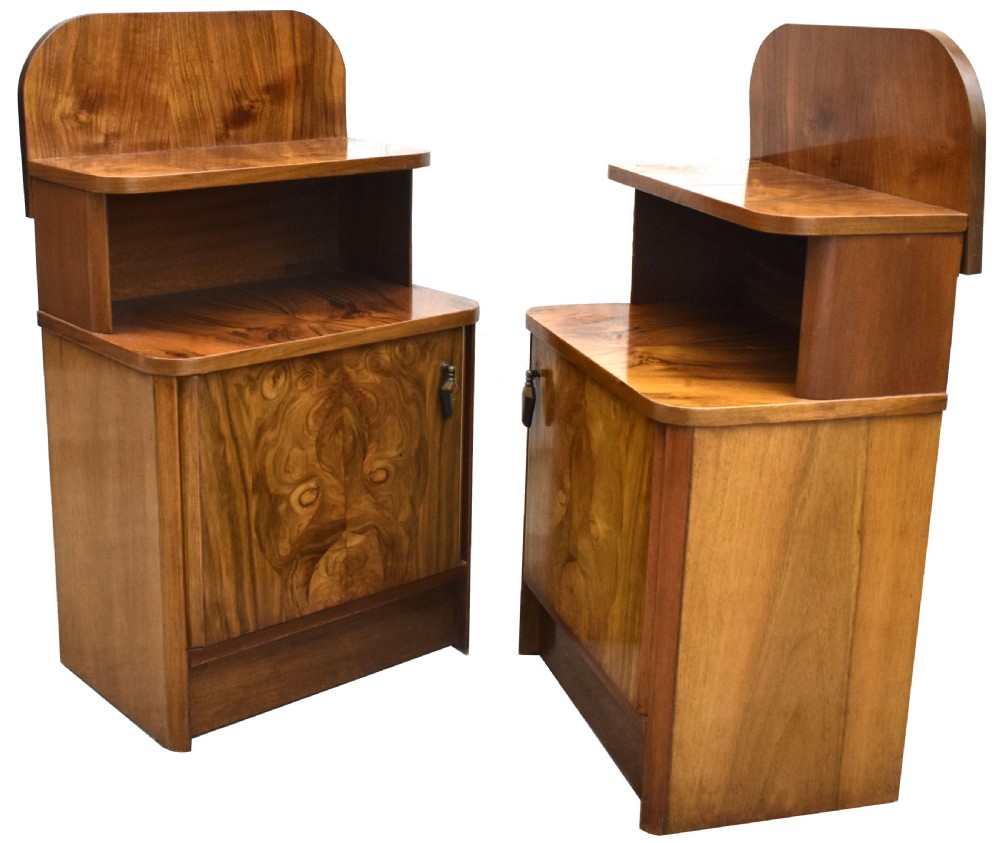 Art Deco Pair of Matching Bedside Table Cabinets in Walnut, c1930 View IV