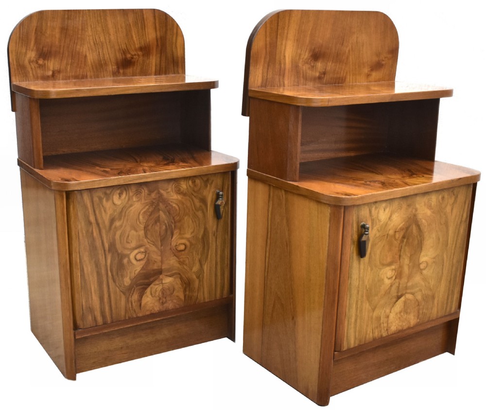 Art Deco Pair of Matching Bedside Table Cabinets in Walnut, c1930 View V