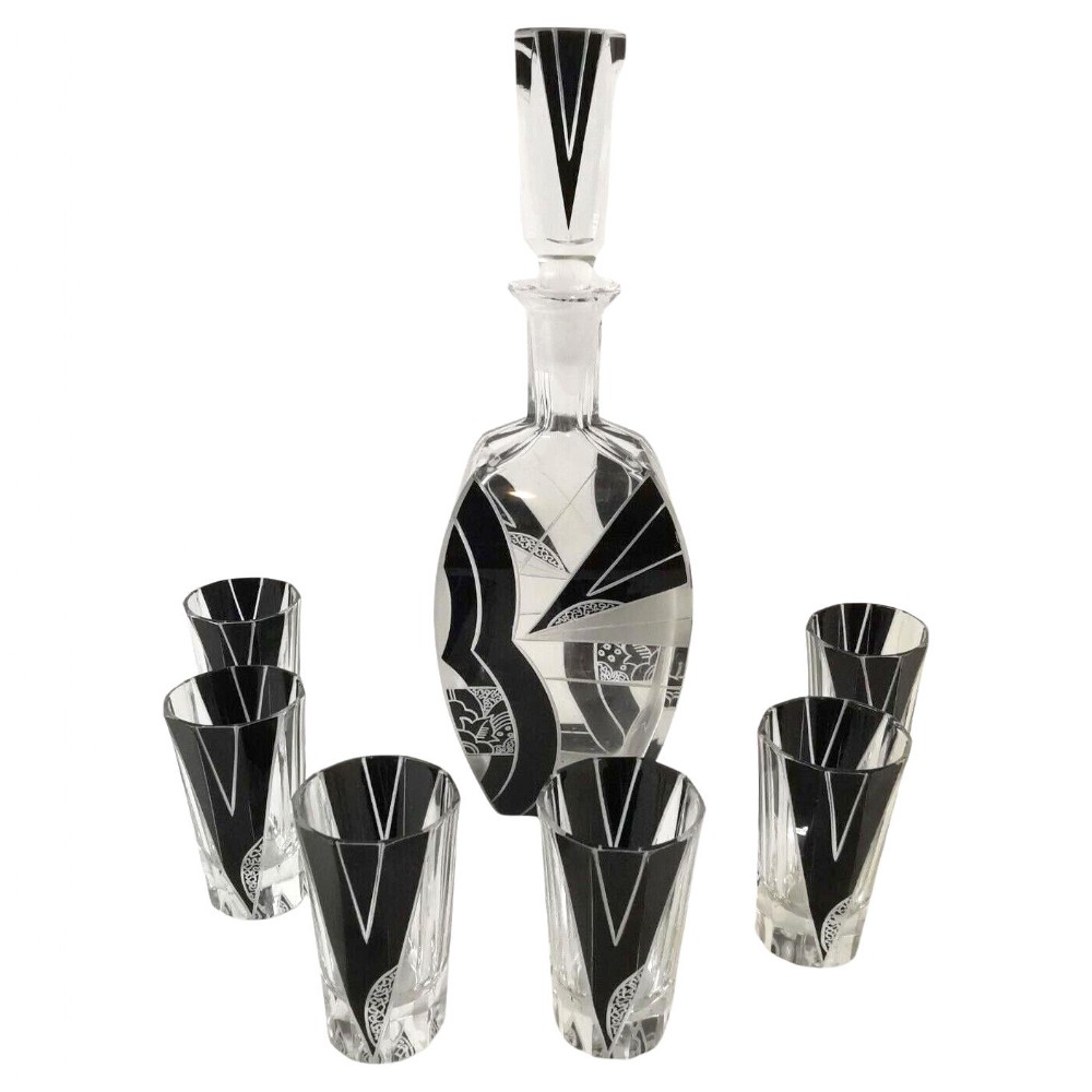 Art Deco 7 Piece Glass Decanter set, By Karl Palda, Czech, c1930