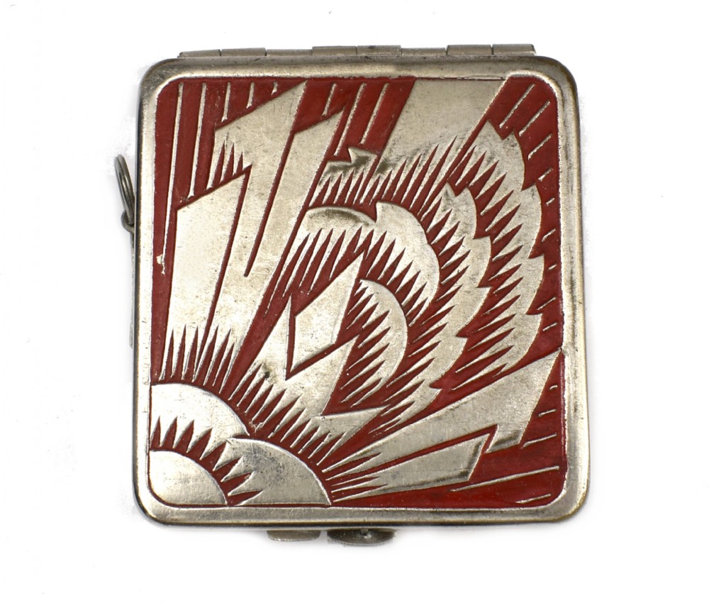 Art Deco French Geometric Chrome & Enamel Ladies Powder Compact, c1930s