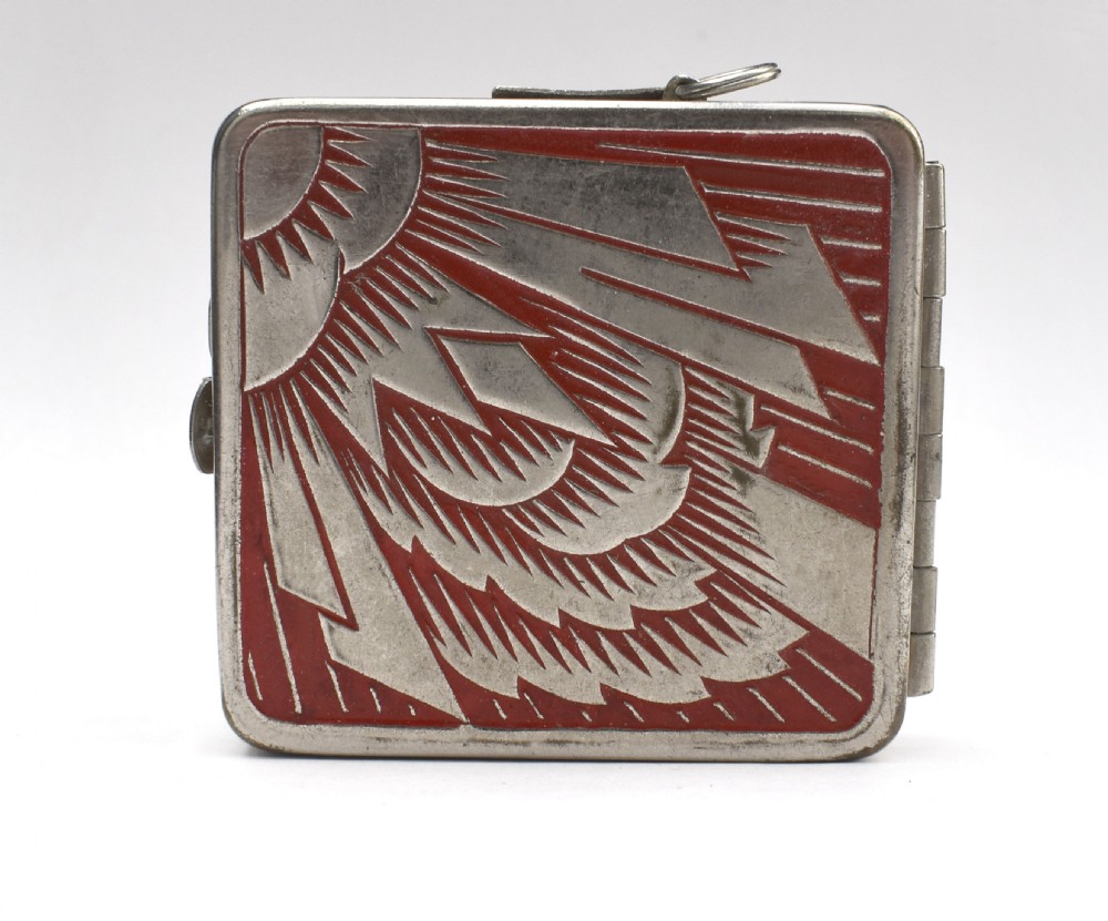 Art Deco French Geometric Chrome & Enamel Ladies Powder Compact, c1930s View III