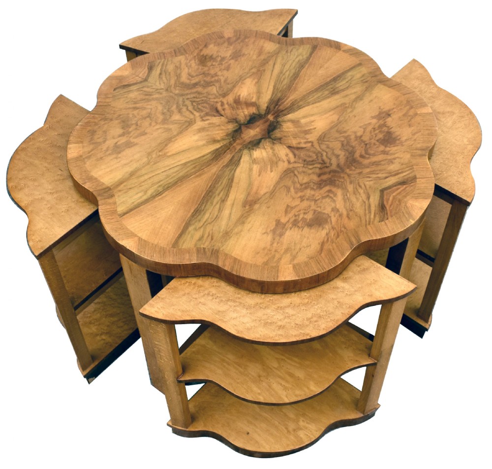 Art Deco Walnut & Maple Nest of Five Tables by Epstein, English, 1930 View II