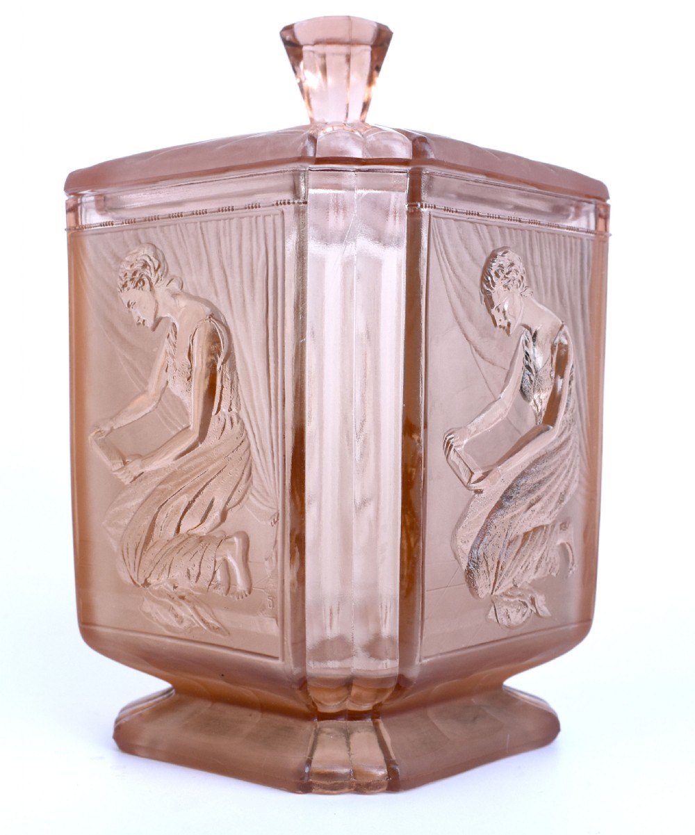Art Deco 'Pandora's Box' Glass Biscuit Barrel By Sowerby, England, c1930s