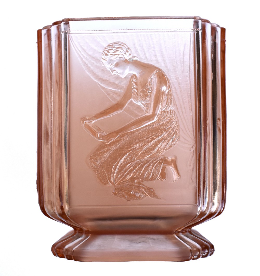 Art Deco 'Pandora's Box' Glass Biscuit Barrel By Sowerby, England, c1930s View II