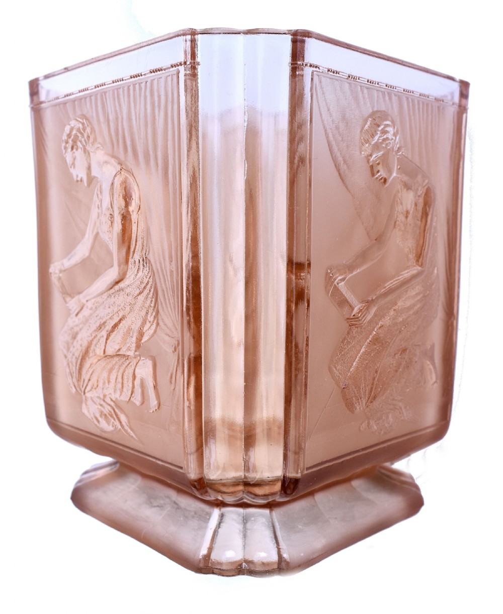 Art Deco 'Pandora's Box' Glass Biscuit Barrel By Sowerby, England, c1930s View III