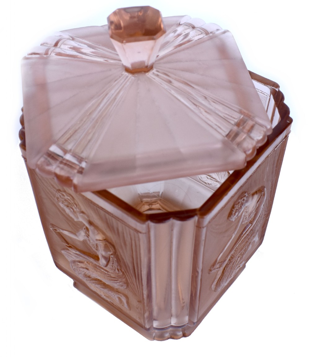 Art Deco 'Pandora's Box' Glass Biscuit Barrel By Sowerby, England, c1930s View VII
