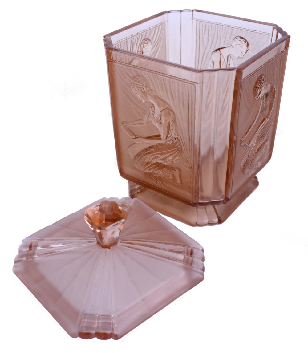 Art Deco 'Pandora's Box' Glass Biscuit Barrel By Sowerby, England, c1930s View VIII