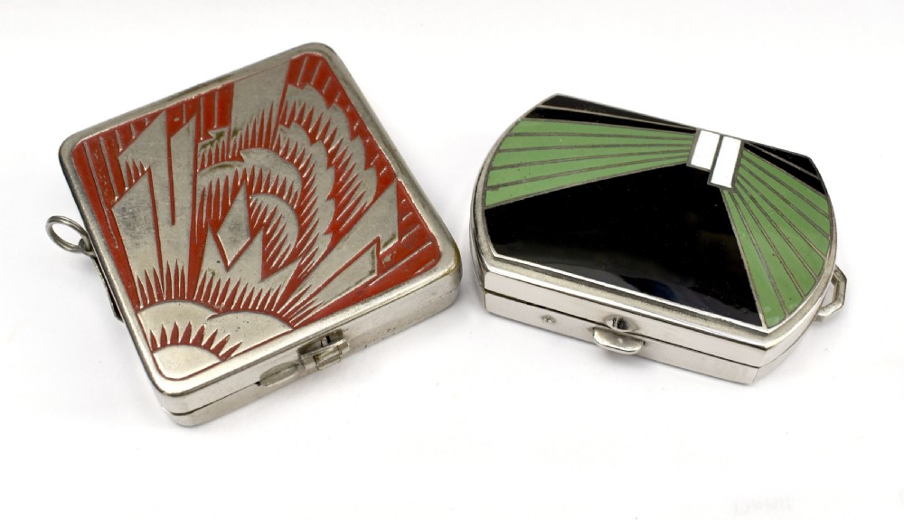 An Art Deco rectangular chrome powder compact decorated with black, green, and white geometric enamel inlay. View XI