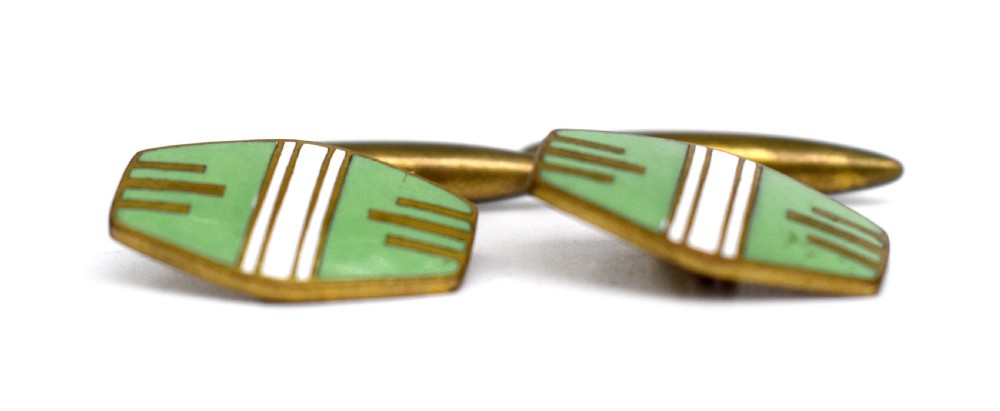 Art Deco Original Gentleman's Green & White Enamel Cufflinks, English, C1930 View II