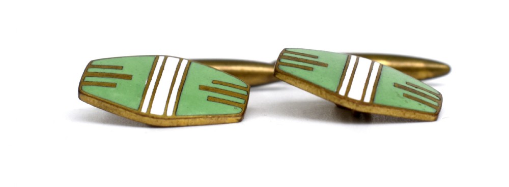 Art Deco Original Gentleman's Green & White Enamel Cufflinks, English, C1930 View III